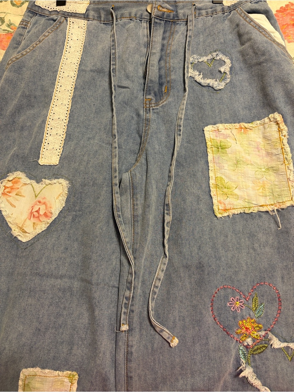 POL Wide Leg Patchwork Jeans Blue & White Medium - Picture 11 of 11